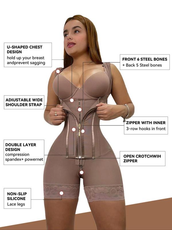 Women's Contrast Binding Zipper Shapewear Bodysuit, Casual 3-row Hooks in Front Tummy Control Corset Shapewear Bodysuit for Daily Wear, Women's Shapewear for All Seasons