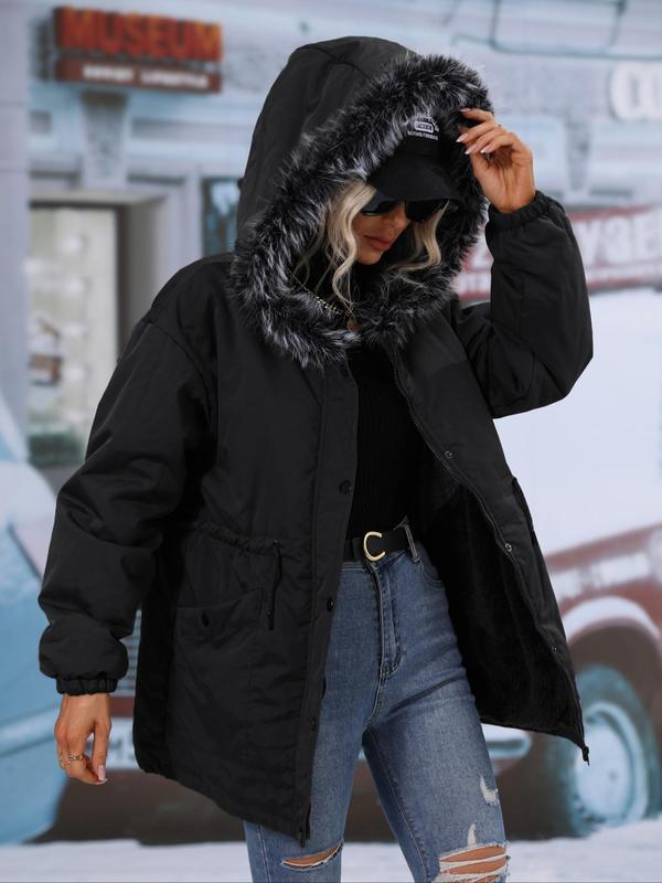 Women's Solid Button Front Contrast Faux Fur Quilted Hooded Jacket, Casual Long Sleeve Pocket Drawstring Thermal Lined Hooded Outerwear for Fall & Winter, Winter Clothes Women, Ladies Clothes for Daily Wear