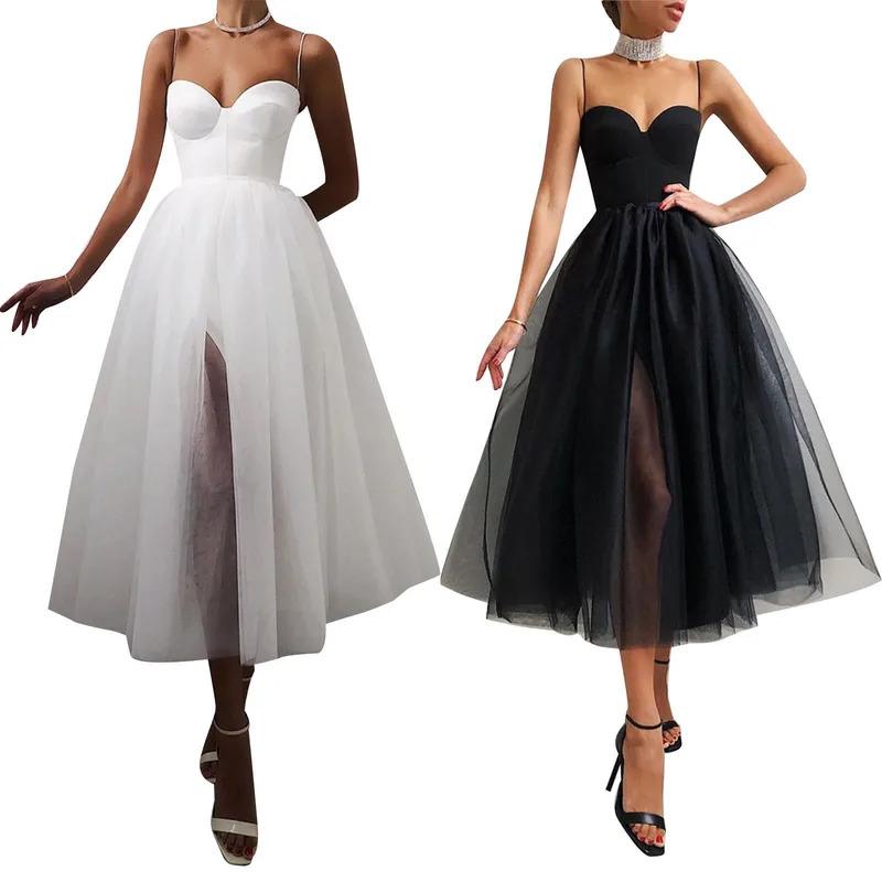 Women Elegant Tulle Dress Cocktail Solid Color Dress Spaghetti Strap Knee-length Party Side Slit Mesh Brace Skirt A-Line Vestido