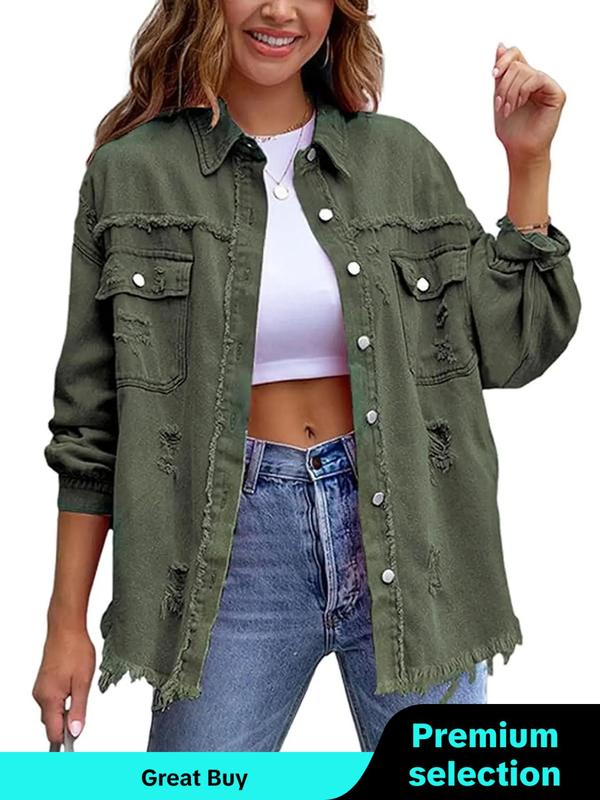 Plus Size Plain Ripped Pocket Button Front Raw Hem Denim Coat, Casual Jackets, Drop Shoulder Long Sleeve Collared Outerwear, Winter Clothes Women, Women's Clothes for Fall, Gift Set, Coats for Women, Jackets for Women, Fall Outfits, Fallfreshness