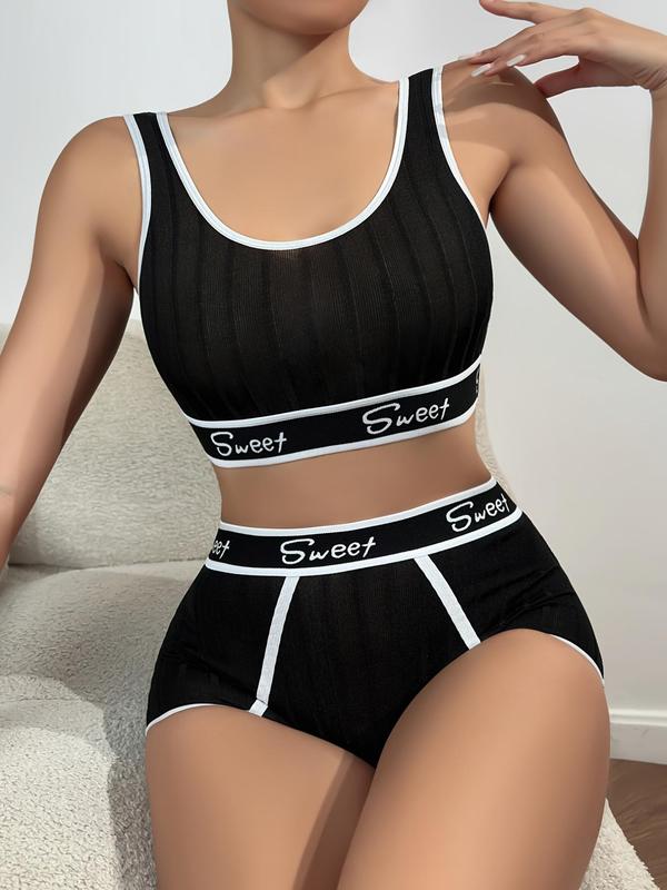 Women's Letter Tape Contrast Binding Bra & Shorts Set, Soft Comfy Breathable Wireless Bra & Shorts, Lingerie Set for Daily Wear