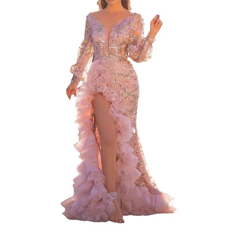 Colorful 2024 Spring Summer New European and American Women's Sexy Hip Trailing Sequin Pink Long Mesh Evening Long Dress