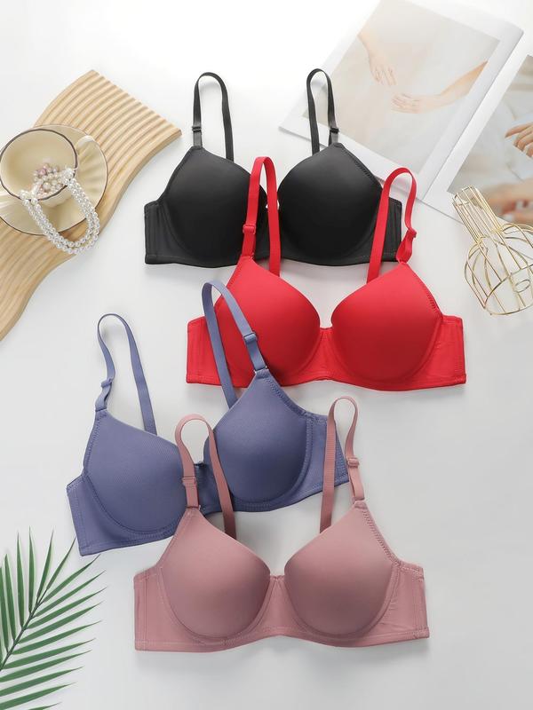 Women's Solid Color Adjustable Strap Hook & Eye Closure Push Up Bra, Casual Comfortable Breathable Full Coverage Bra, Underwear Sets for All Seasons