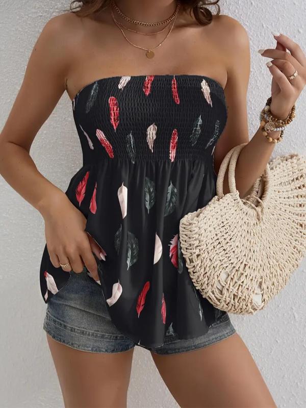  Feather Print Shirred Peplum Tube Top, Casual Strapless Top for Beach Holiday Vacation, White Tube Top, Women's Clothes for All Seasons