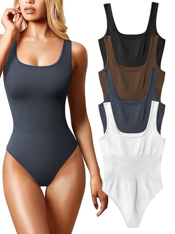 Women's Solid Ribbed Scoop Neck Sports Bodysuit, Casual Sporty Sleeveless Bodysuit for Daily Outdoor Wear, Ladies Sportswear for All Seasons