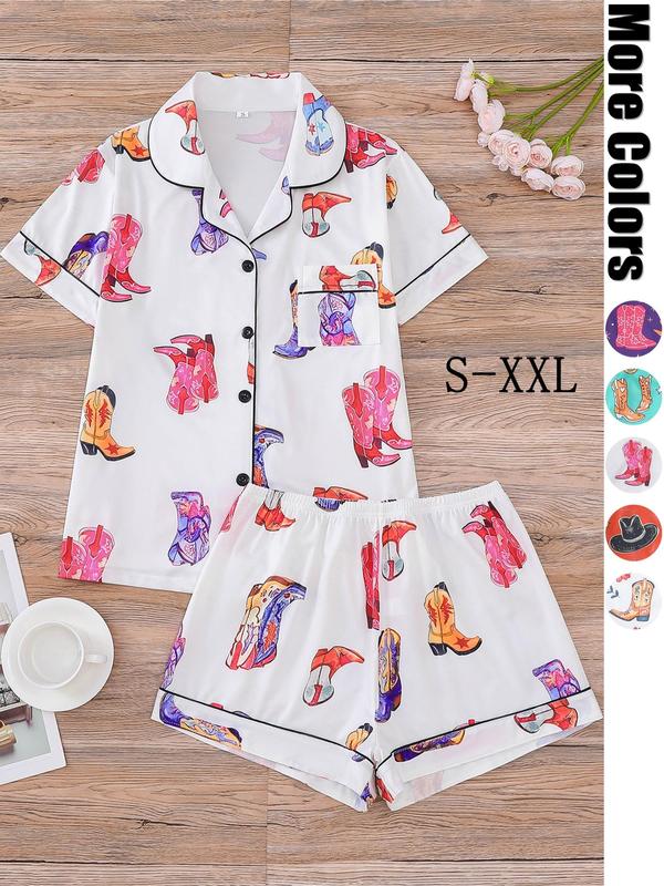 Two-Piece Set Women's All Over Cowboy Print Lapel Neck Button Front Pajama, Casual Comfy Short Sleeve Pocket Top & Elastic Waist Shorts PJ Set, Ladies Sleepwear for All Seasons