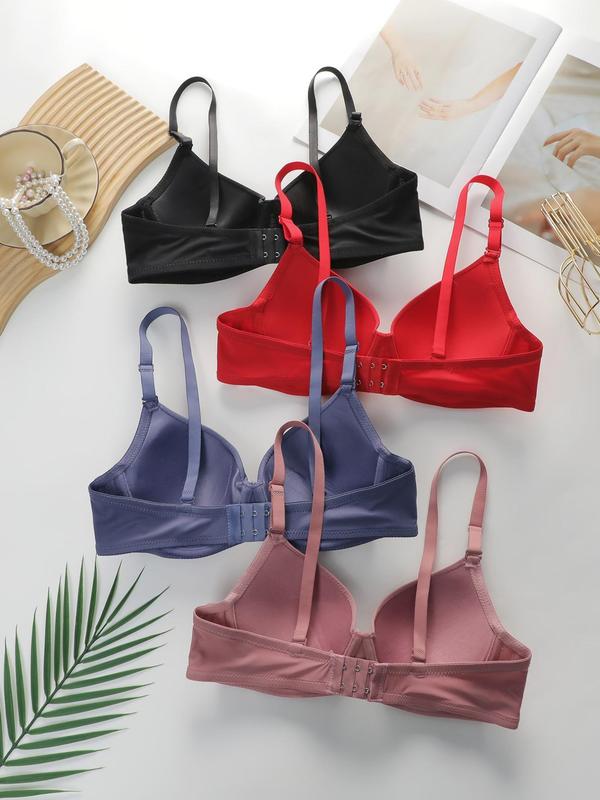 Women's Solid Color Adjustable Strap Hook & Eye Closure Push Up Bra, Casual Comfortable Breathable Full Coverage Bra, Underwear Sets for All Seasons