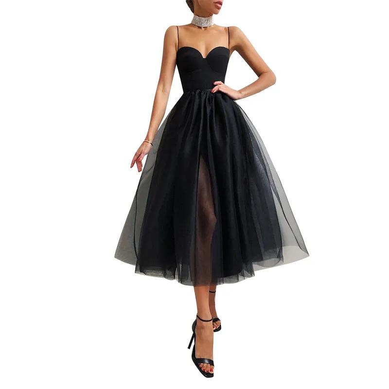 Women Elegant Tulle Dress Cocktail Solid Color Dress Spaghetti Strap Knee-length Party Side Slit Mesh Brace Skirt A-Line Vestido