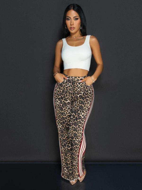 Women's Leopard Print Side Stripe Zipper Fly Wide Leg Pants, Casual Comfy High Waist Pocket Design Trousers for Daily Wear, Ladies Bottoms for All Seasons