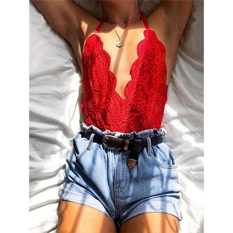 Romantic Floral Lace Mesh Bodysuit - Seductive Halter-Style Thong teddy with Intricate Hollow Out Design - Alluring Womens Intimate Lingerie Breathable Fit Womenswear Backless Comfortable Fishnet Breathable Fit lingerie