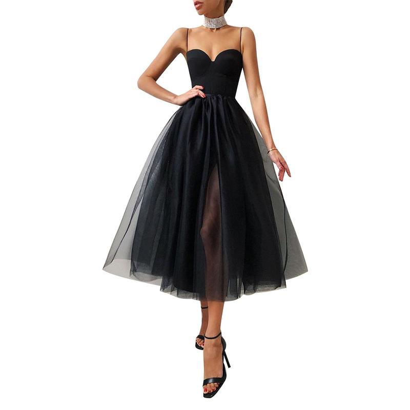 Women Elegant Tulle Dress Cocktail Solid Color Dress Spaghetti Strap Knee-length Party Side Slit Mesh Brace Skirt A-Line Vestido