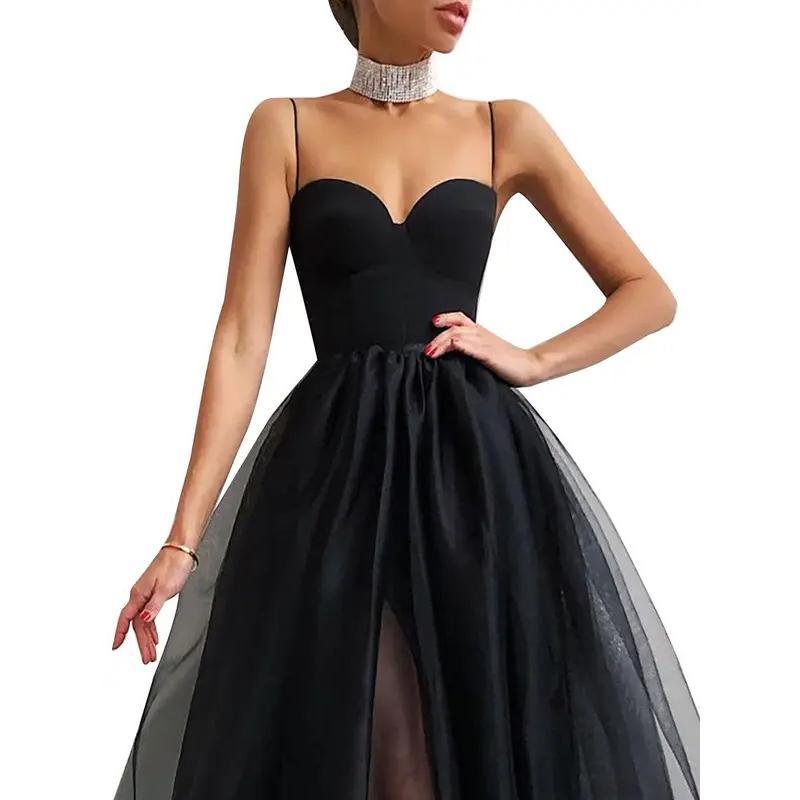 Women Elegant Tulle Dress Cocktail Solid Color Dress Spaghetti Strap Knee-length Party Side Slit Mesh Brace Skirt A-Line Vestido