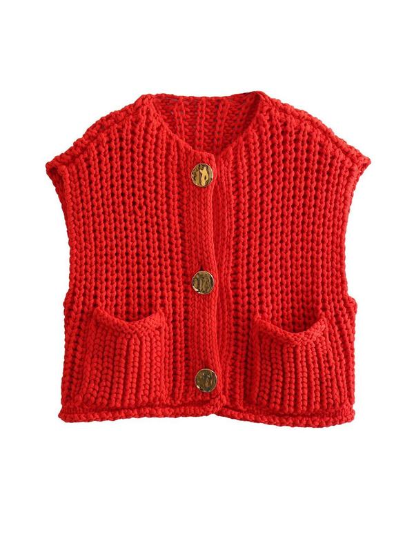 Women's Plain Button Front Pocket Sweater Vest, Casual V Neck Sleeveless Knitwear for Fall & Winter, Fashion Ladies' Knit Clothing for Daily Wear