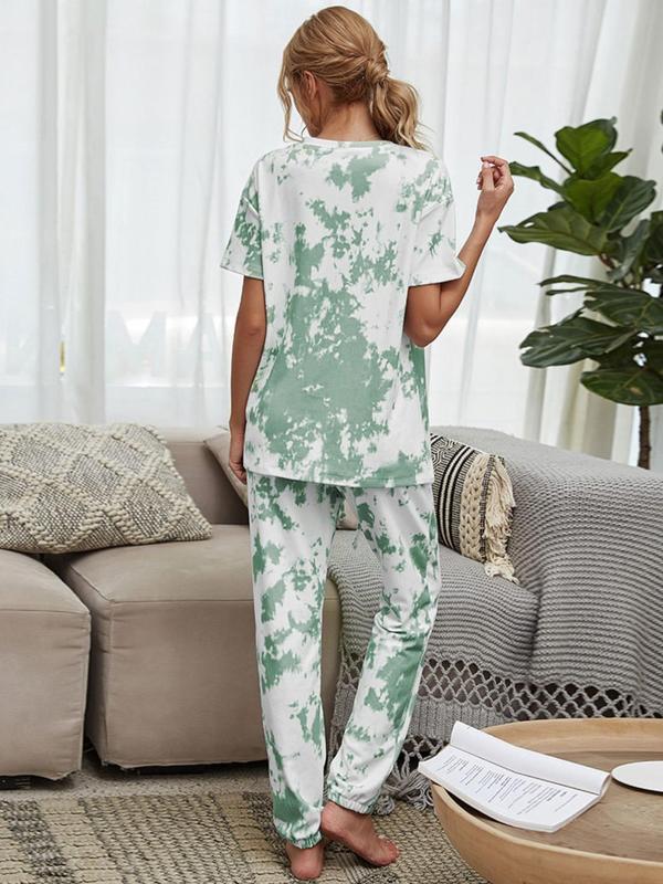 Women's Tie Dye Print Drop Shoulder Short Sleeve Tee & Drawstring Pocket Pants Loungewear Pj Set, Women Nightwear, Summer Clothes Women, Casual Comfy Round Neck T-shirt & Trousers Pj Set, Lounge Set, Women's Sleepwear & Homewear