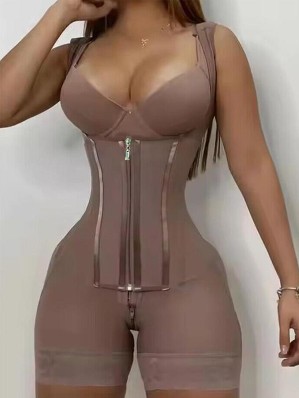 Women's Contrast Binding Zipper Shapewear Bodysuit, Casual 3-row Hooks in Front Tummy Control Corset Shapewear Bodysuit for Daily Wear, Women's Shapewear for All Seasons