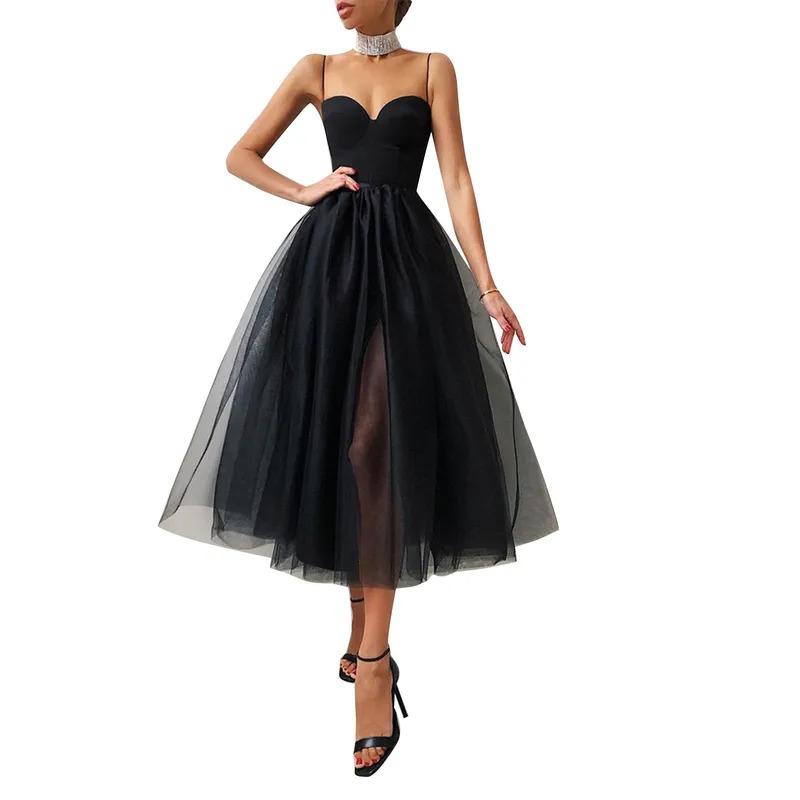 Women Elegant Tulle Dress Cocktail Solid Color Dress Spaghetti Strap Knee-length Party Side Slit Mesh Brace Skirt A-Line Vestido