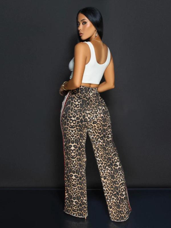 Women's Leopard Print Side Stripe Zipper Fly Wide Leg Pants, Casual Comfy High Waist Pocket Design Trousers for Daily Wear, Ladies Bottoms for All Seasons