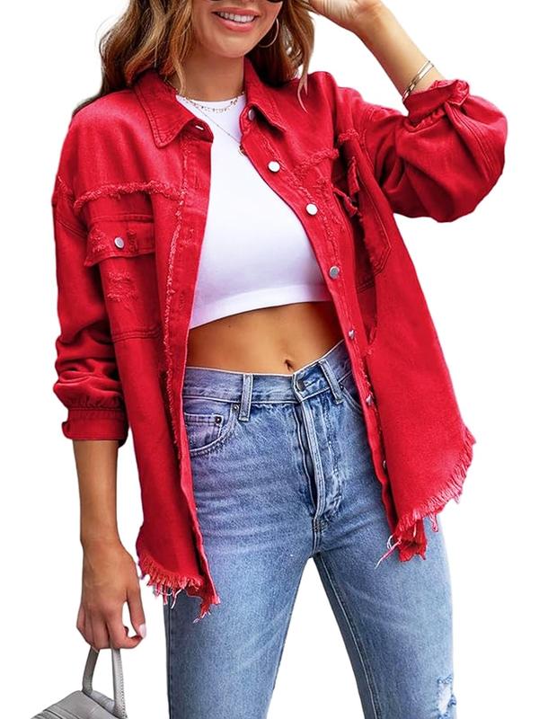 Plus Size Plain Ripped Pocket Button Front Raw Hem Denim Coat, Casual Jackets, Drop Shoulder Long Sleeve Collared Outerwear, Winter Clothes Women, Women's Clothes for Fall, Gift Set, Coats for Women, Jackets for Women, Fall Outfits, Fallfreshness