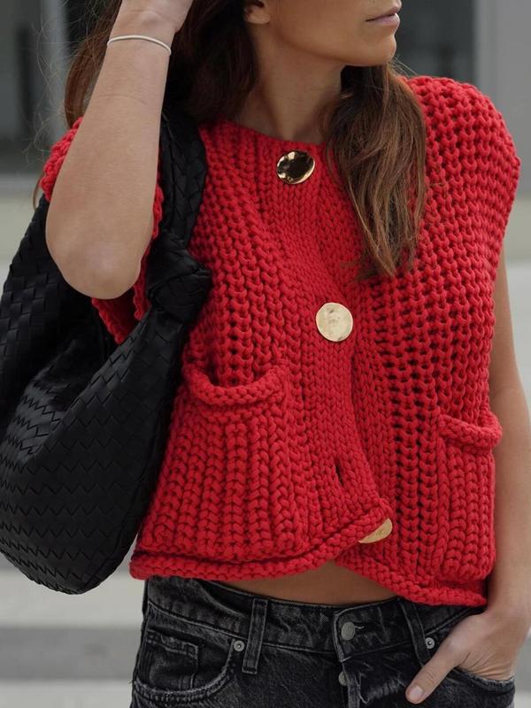 Women's Plain Button Front Pocket Sweater Vest, Casual V Neck Sleeveless Knitwear for Fall & Winter, Fashion Ladies' Knit Clothing for Daily Wear