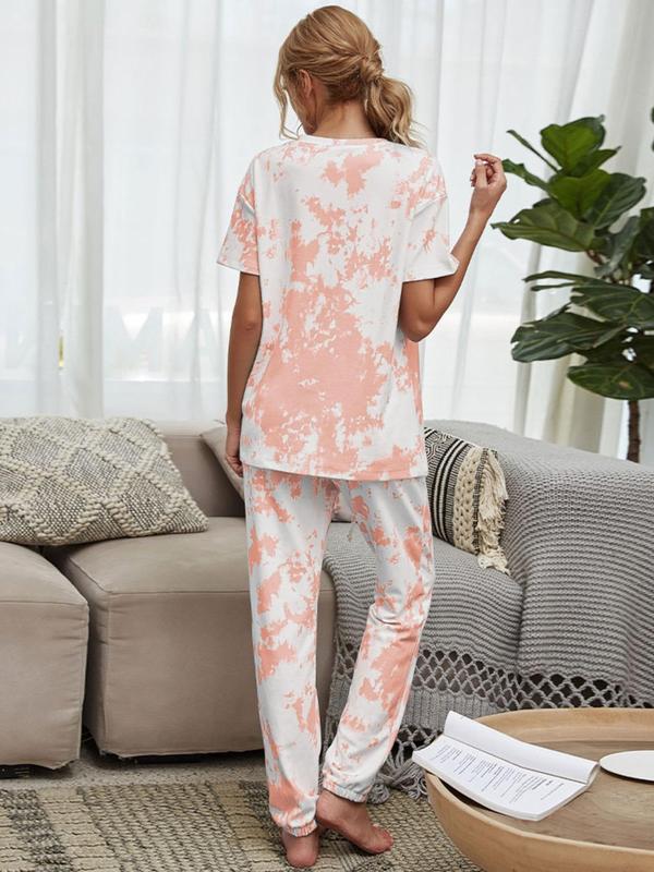 Women's Tie Dye Print Drop Shoulder Short Sleeve Tee & Drawstring Pocket Pants Loungewear Pj Set, Women Nightwear, Summer Clothes Women, Casual Comfy Round Neck T-shirt & Trousers Pj Set, Lounge Set, Women's Sleepwear & Homewear