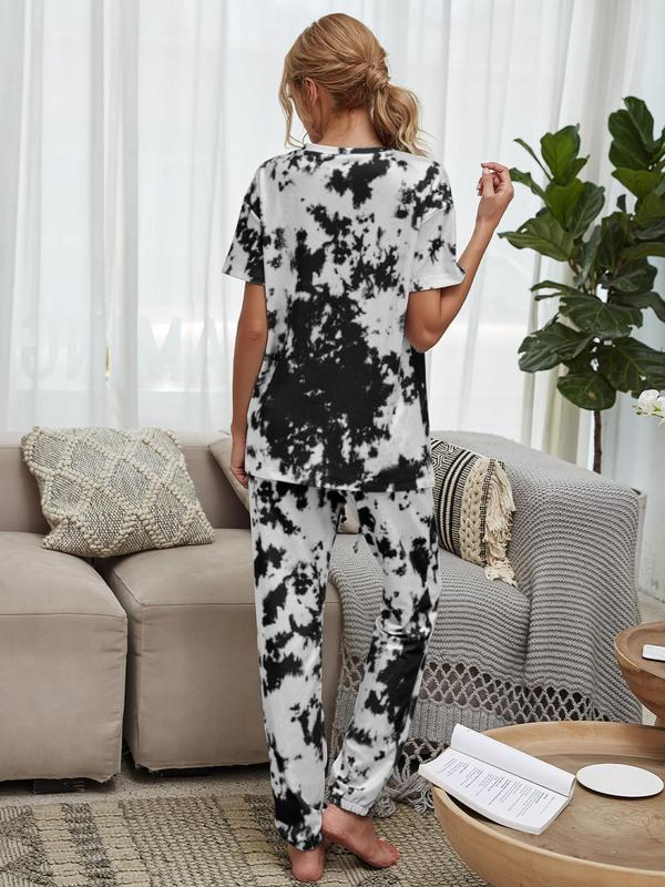 Women's Tie Dye Print Drop Shoulder Short Sleeve Tee & Drawstring Pocket Pants Loungewear Pj Set, Women Nightwear, Summer Clothes Women, Casual Comfy Round Neck T-shirt & Trousers Pj Set, Lounge Set, Women's Sleepwear & Homewear