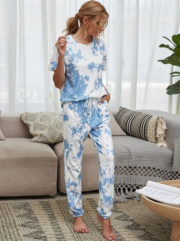 Women's Tie Dye Print Drop Shoulder Short Sleeve Tee & Drawstring Pocket Pants Loungewear Pj Set, Women Nightwear, Summer Clothes Women, Casual Comfy Round Neck T-shirt & Trousers Pj Set, Lounge Set, Women's Sleepwear & Homewear