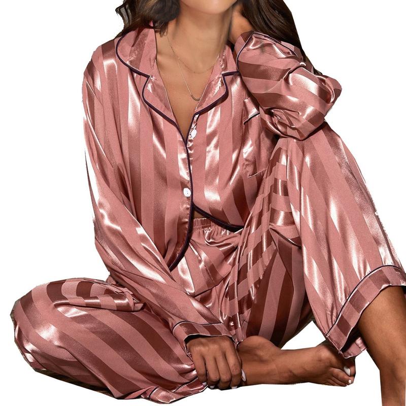 2024 Hot Selling Popular Jacquard Wide Stripe Home Wear Suit Pajamas Women's Satin Cardigan Long Sleeve