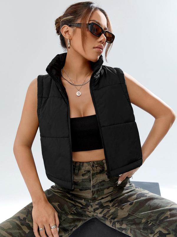 Women's Solid Zip Up Mock Neck Puffer Vest Coat, Casual Basic Thermal Lined Zip Up Outerwear for Fall & Winter, Women's Tops Clothing for Daily Wear, Minimalist Womenswear