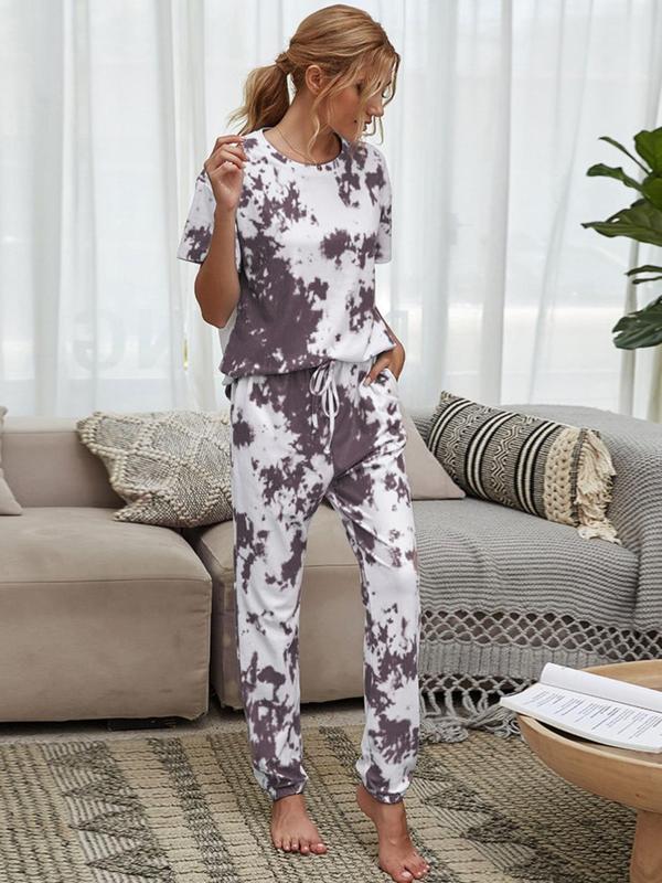 Women's Tie Dye Print Drop Shoulder Short Sleeve Tee & Drawstring Pocket Pants Loungewear Pj Set, Women Nightwear, Summer Clothes Women, Casual Comfy Round Neck T-shirt & Trousers Pj Set, Lounge Set, Women's Sleepwear & Homewear