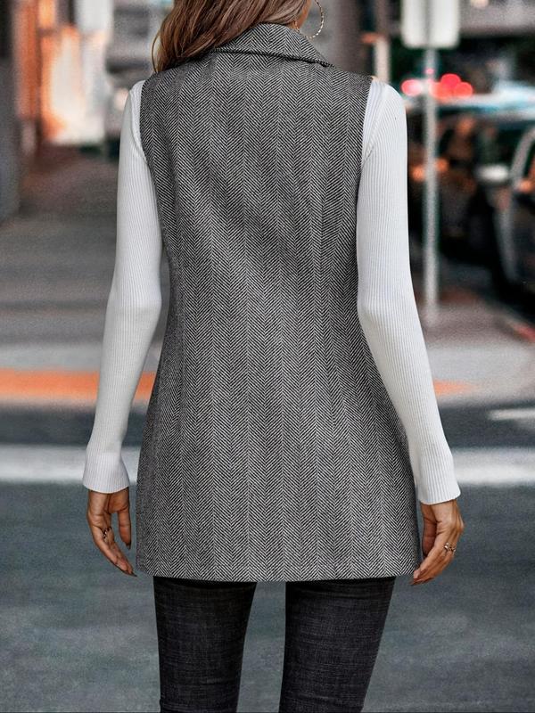 Women's Herringbone Pattern Double Button Lapel  Blazer Vest, Elegant Sleeveless  Outerwear for Fall & Winter, Ladies Clothes for Work Office Business