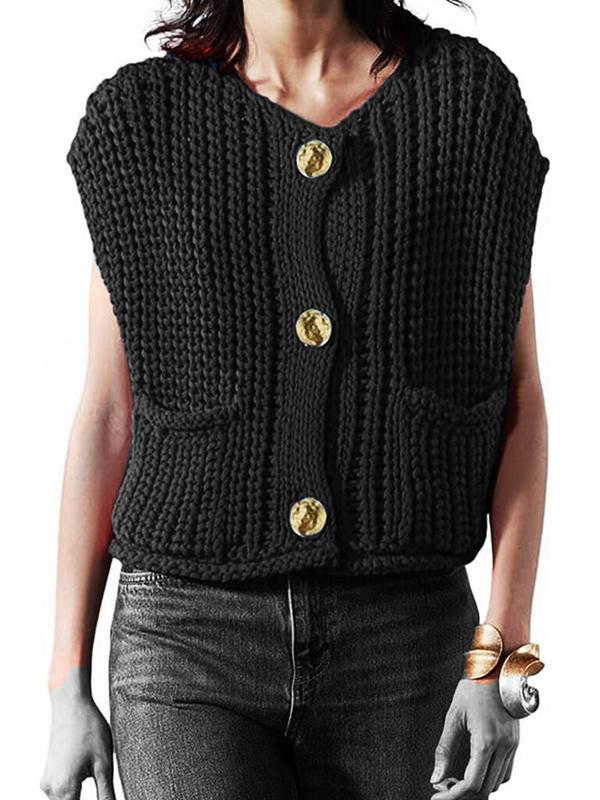 Women's Plain Button Front Pocket Sweater Vest, Casual V Neck Sleeveless Knitwear for Fall & Winter, Fashion Ladies' Knit Clothing for Daily Wear