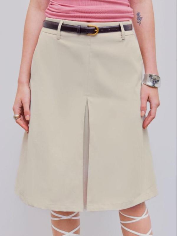 Women's Solid Belted Pocket A Line Skirt, Casual Fashion Knee Length Skirt for Work Office Business, Ladies Spring & Fall Clothes