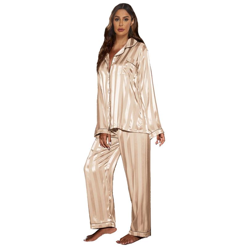 2024 Hot Selling Popular Jacquard Wide Stripe Home Wear Suit Pajamas Women's Satin Cardigan Long Sleeve