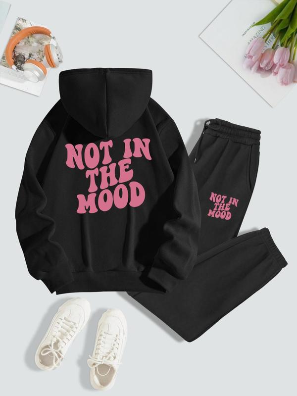 Women's Letter Print Drop Shoulder Hoodie & Drawstring Pocket Sweatpants Set, 2 Piece Sets Women, Long Sleeve Pullover Top & Jogger Pants, Lady Soft Outfits for Spring & Fall, Two Piece Set Women