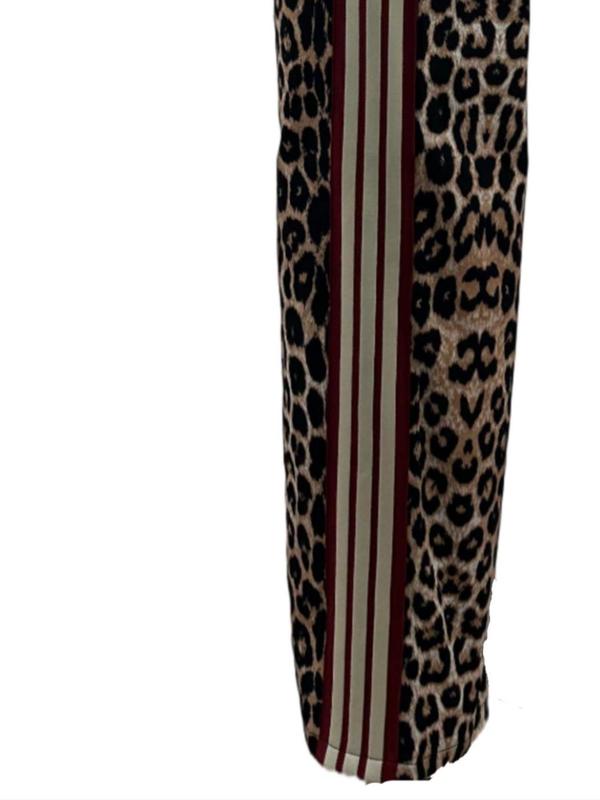 Women's Leopard Print Side Stripe Zipper Fly Wide Leg Pants, Casual Comfy High Waist Pocket Design Trousers for Daily Wear, Ladies Bottoms for All Seasons