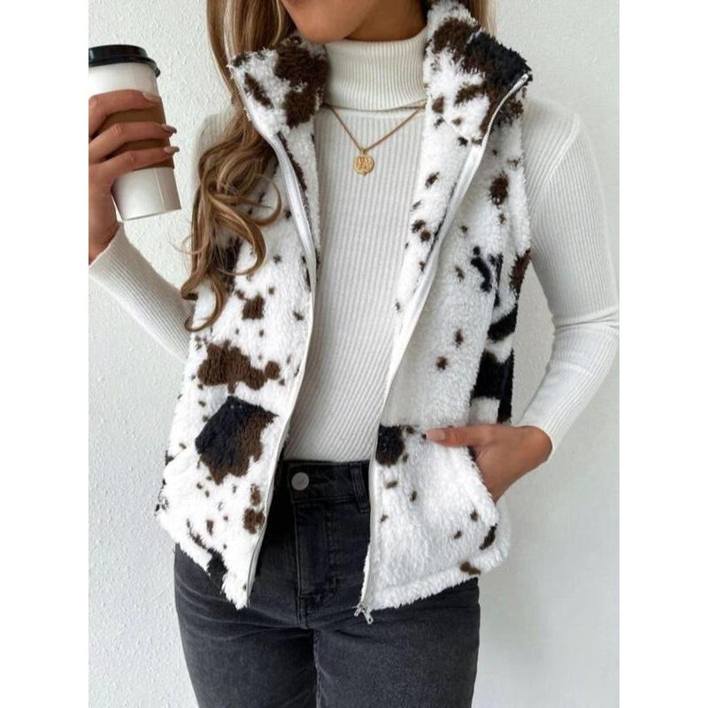 Women's Cow Print Zip Up Plush Gilet, Casual Pocket Collared High Neck Vest Outerwear for Fall & Winter, Winter Clothes Women, Clothing Tops for Lady Daily Wear, Going Out Outfits 2024, Fall Outfits Womenswear Gamis Summer Hoodie