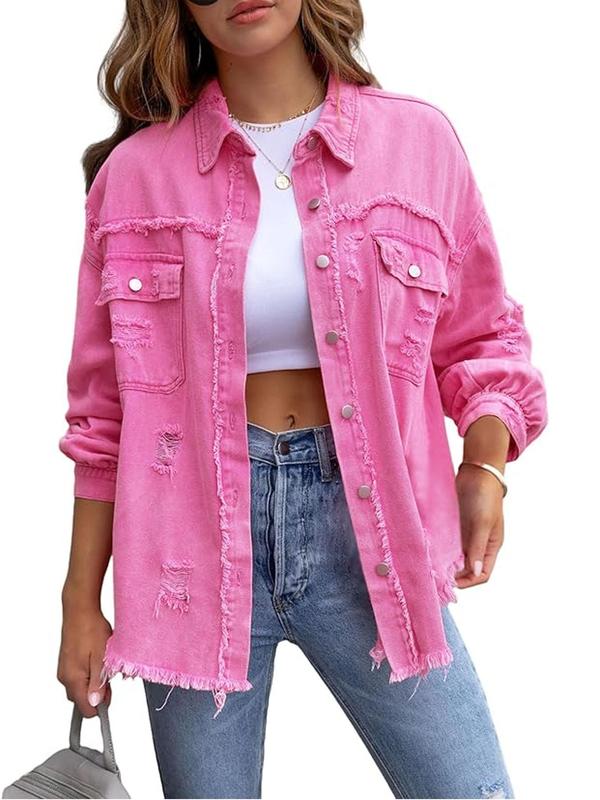 Plus Size Plain Ripped Pocket Button Front Raw Hem Denim Coat, Casual Jackets, Drop Shoulder Long Sleeve Collared Outerwear, Winter Clothes Women, Women's Clothes for Fall, Gift Set, Coats for Women, Jackets for Women, Fall Outfits, Fallfreshness