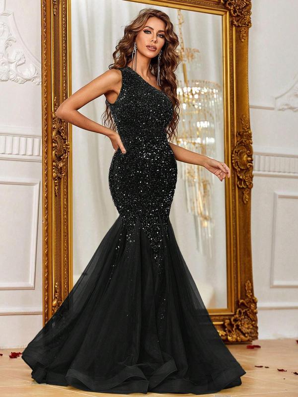 Women's Glitter Sequin One Shoulder Mermaid Evening Dress, Elegant Formal Wear, Sleeveless Contrast Mesh Maxi Dress for Evening Party Gown, Ladies' Clothes for All Seasons