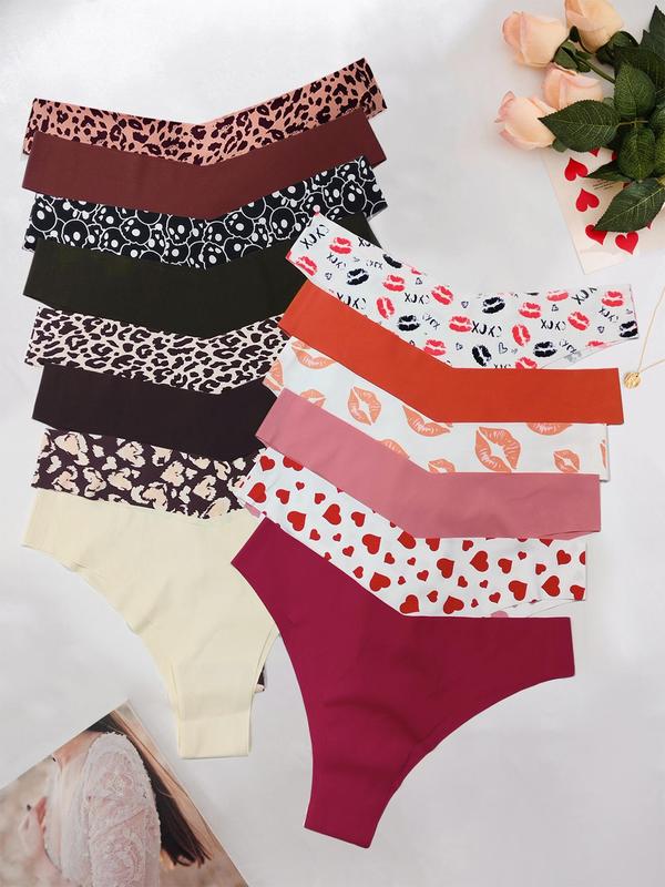 Women's Plain All Over Print Drop Waist Briefs, 14 Pieces Soft Comfy Breathable V-Waist Knicker for Daily Wear, Underwear for All Seasons