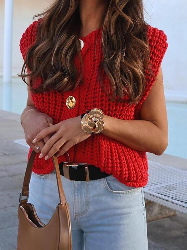Women's Plain Button Front Pocket Sweater Vest, Casual V Neck Sleeveless Knitwear for Fall & Winter, Fashion Ladies' Knit Clothing for Daily Wear
