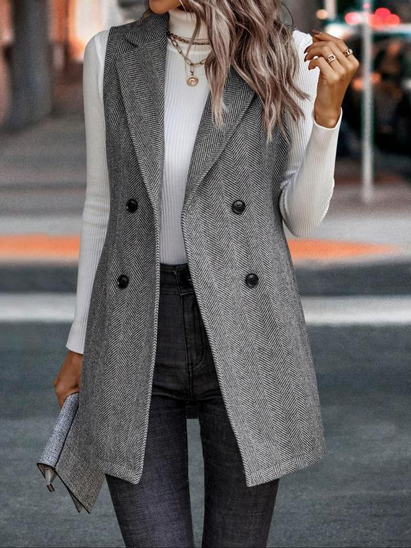 Women's Herringbone Pattern Double Button Lapel  Blazer Vest, Elegant Sleeveless  Outerwear for Fall & Winter, Ladies Clothes for Work Office Business