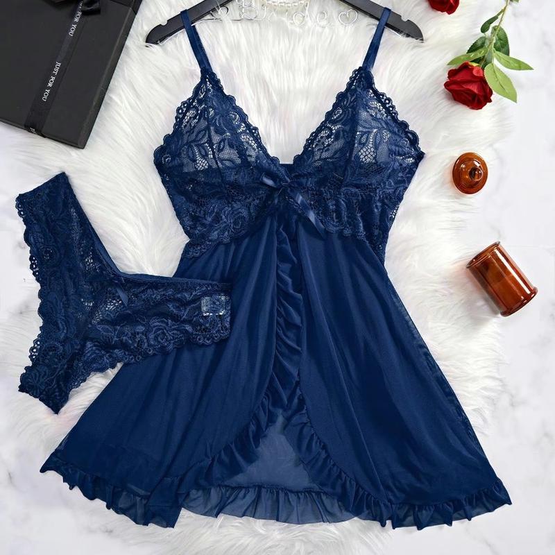 Women's Contrast Lace Ruffle Trim Wrap Cami Nightdress & Bow Front Panty Set, Adjustable Spaghetti Strap Backless Nightgown & Knicker Set, Underwear for Women, Sleepwear, Women sleep dress Loungewear Sleeveless pajamas night dress panty two-piece