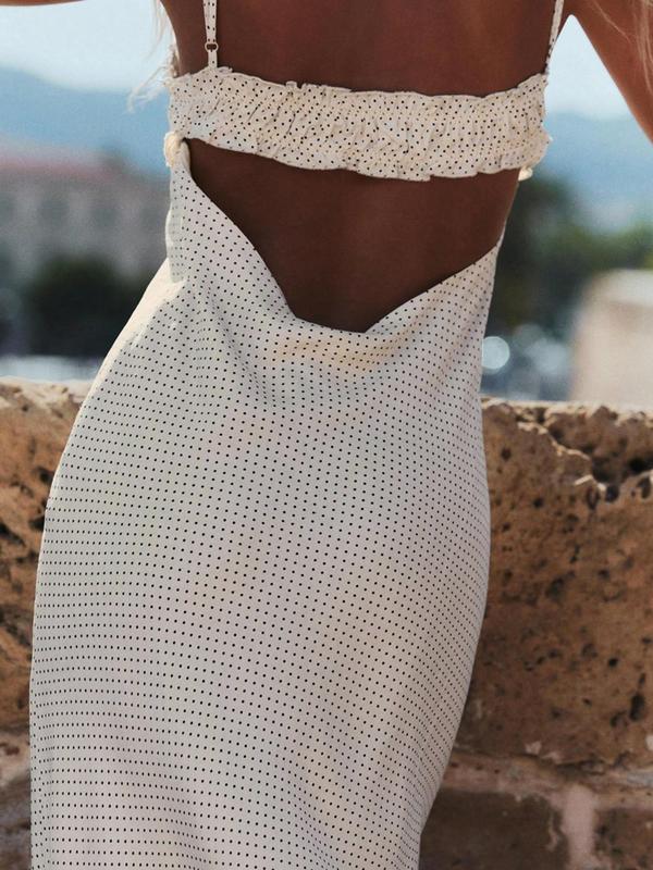 Women's Polka Dot Print Frill Trim Tie Front Cami Dress, Casual Adjustable Strap Zipper Back Midi Dress for Summer, Ladies Clothes for Beach Holiday