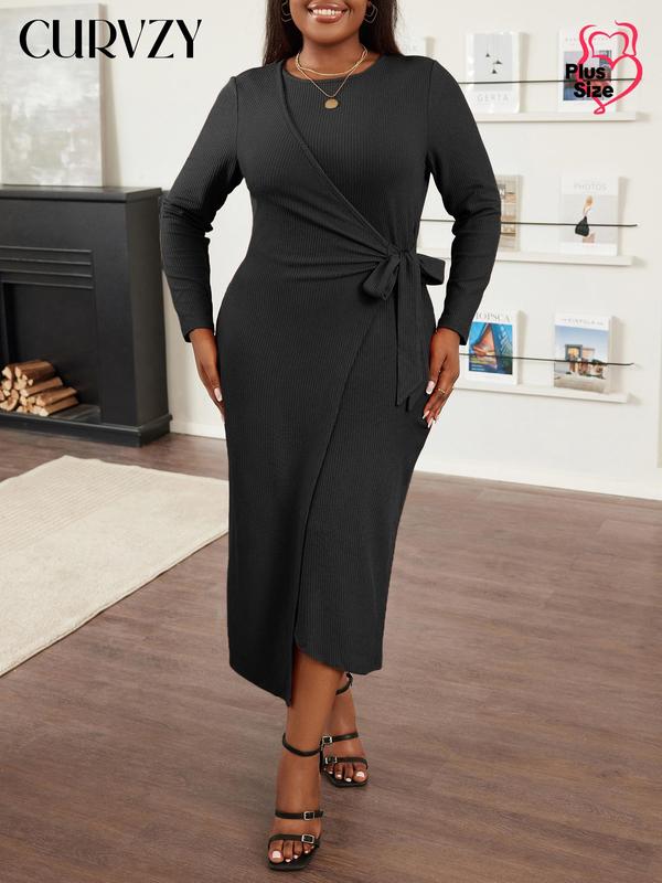 Christmas Deals, Curvzy Plus Size Fall Aesthetic Solid Wrap Knot Side Bodycon Dress, Elegant Long Sleeve Round Neck Asymmetrical Hem Dress for Party Holiday, Christmas 2024 Trend, Christmas Clothes, Fall&winter Clothes, Christmas Dress