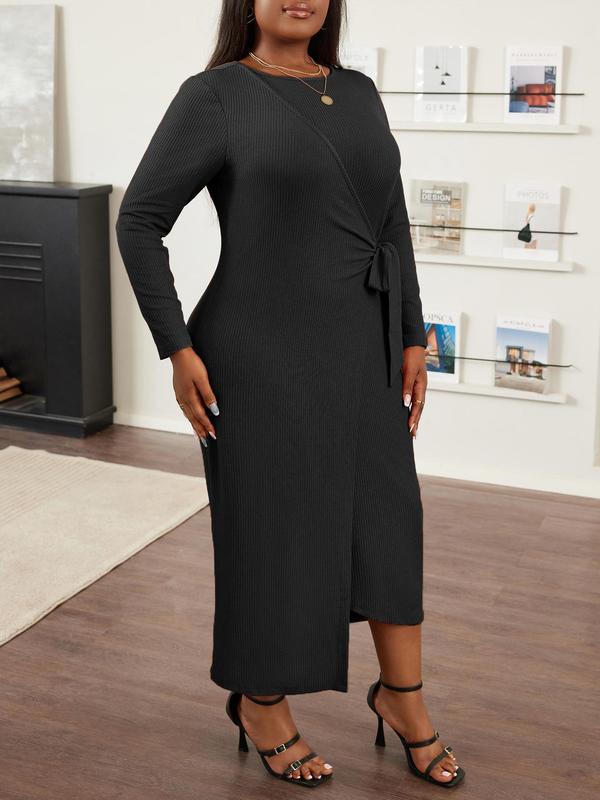 Christmas Deals, Curvzy Plus Size Fall Aesthetic Solid Wrap Knot Side Bodycon Dress, Elegant Long Sleeve Round Neck Asymmetrical Hem Dress for Party Holiday, Christmas 2024 Trend, Christmas Clothes, Fall&winter Clothes, Christmas Dress