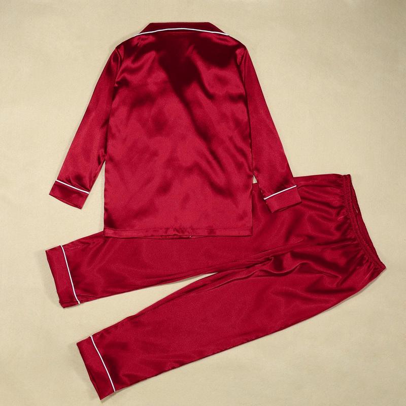 Satin Silk Family Matching Pajama Suits Christmas Sleepwear 2 Piece Set Solid Color Button Lapel Long Sleeve Shirts+Casual Pants happy christmas Womenswear