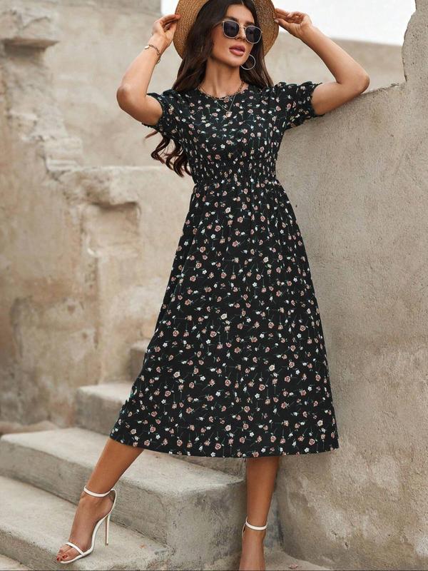 Women's Ditsy Floral Print Frill Trim Shirred Keyhole Back Puff Sleeve Dress, Boho Romantic Short Sleeve Round Neck A Line Midi Dress for Beach Vacation Holiday Wedding Guest, Ladies Summer Clothes