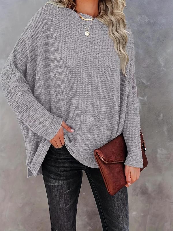 Women's Plain Batwing Sleeve Boat Neck Sweater, Casual Long Sleeve Jumper, Ladies Knit Going Out Tops for Daily Outdoor Wear