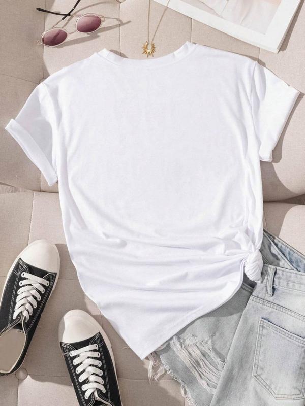 Women's Letter Print Round Neck Tee, Summer Clothes, Casual Short Sleeve Crew Neck T-shirt for Summer, Women's Clothing,  Vintage Graphic Tees, T Shirts for Women, Fashion Women's Top for Daily Wear