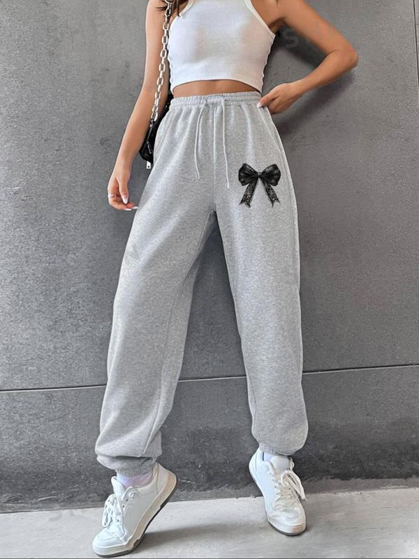 Women's Bow Print Drawstring Waist Sweatpants, Casual Comfy Jogger Pants for Fall & Winter, Women's Trousers for Daily Wear